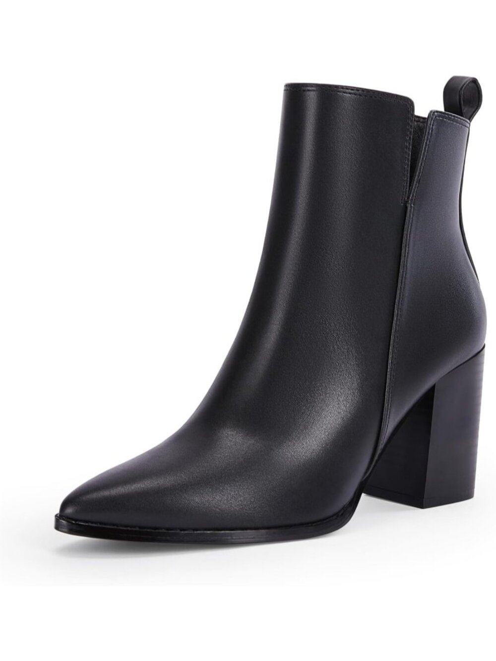 Women's Black V Cutout Pointed Toe Block Chunky Heel Side Zipper Ankle Boots